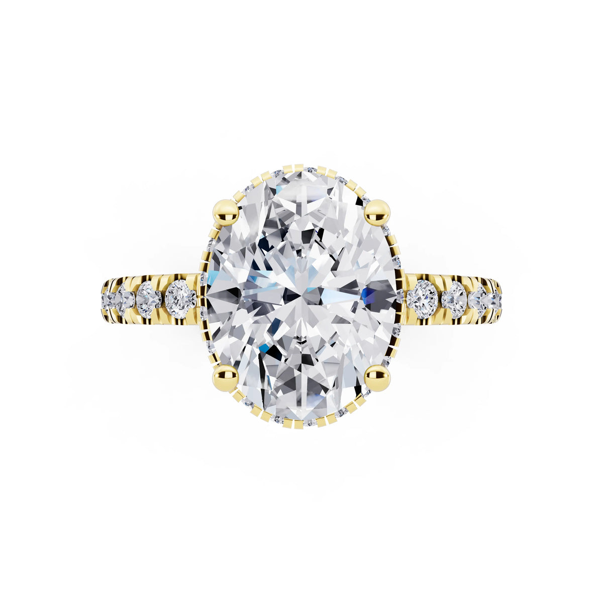 18 KT Yellow Gold Oval Cut Diamond Hidden Halo Ring with Pave Band - top angle