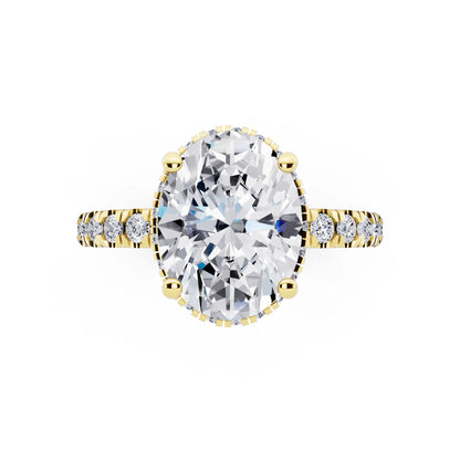 18 KT Yellow Gold Oval Cut Diamond Hidden Halo Ring with Pave Band - top angle