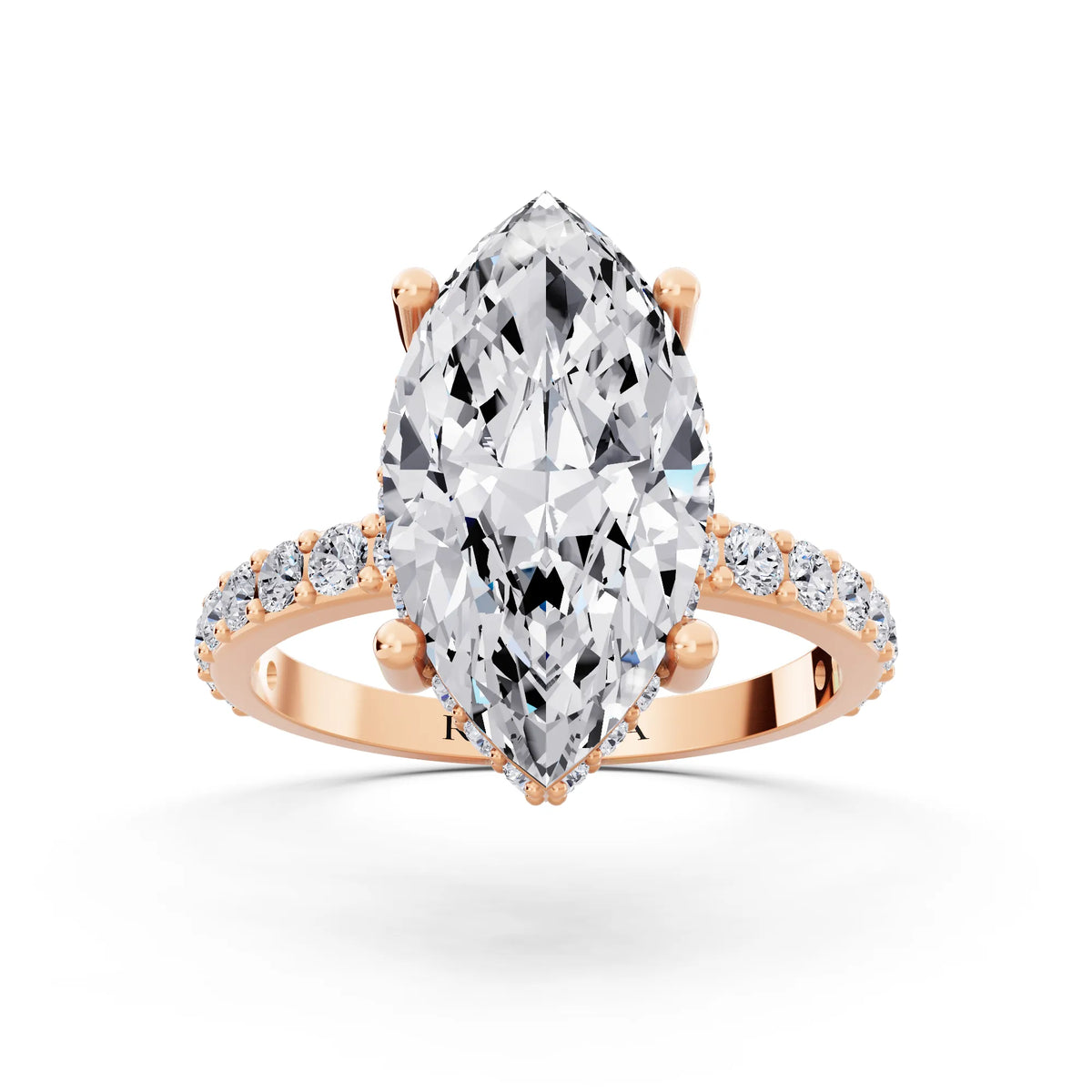 18 KT Rose Gold Marquise Cut Diamond Solitaire Ring with Hidden Halo and Pave Band - front view