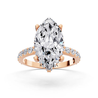 18 KT Rose Gold Marquise Cut Diamond Solitaire Ring with Hidden Halo and Pave Band - front view