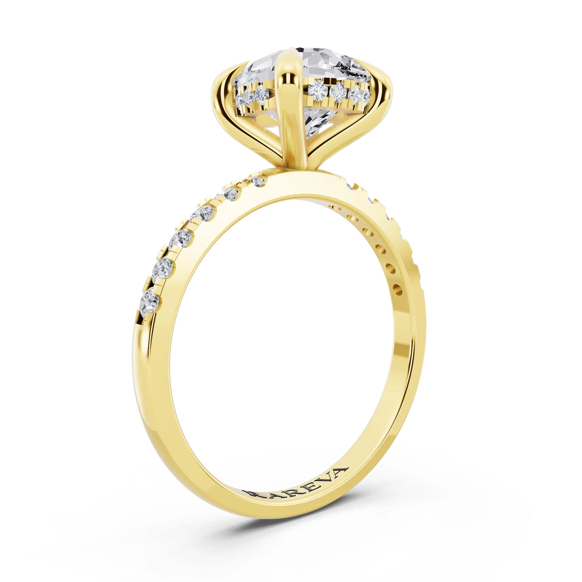 18 KT Yellow Gold Pear Cut Diamond Solitaire Ring with Round Pavé Band and Prong Setting - top view