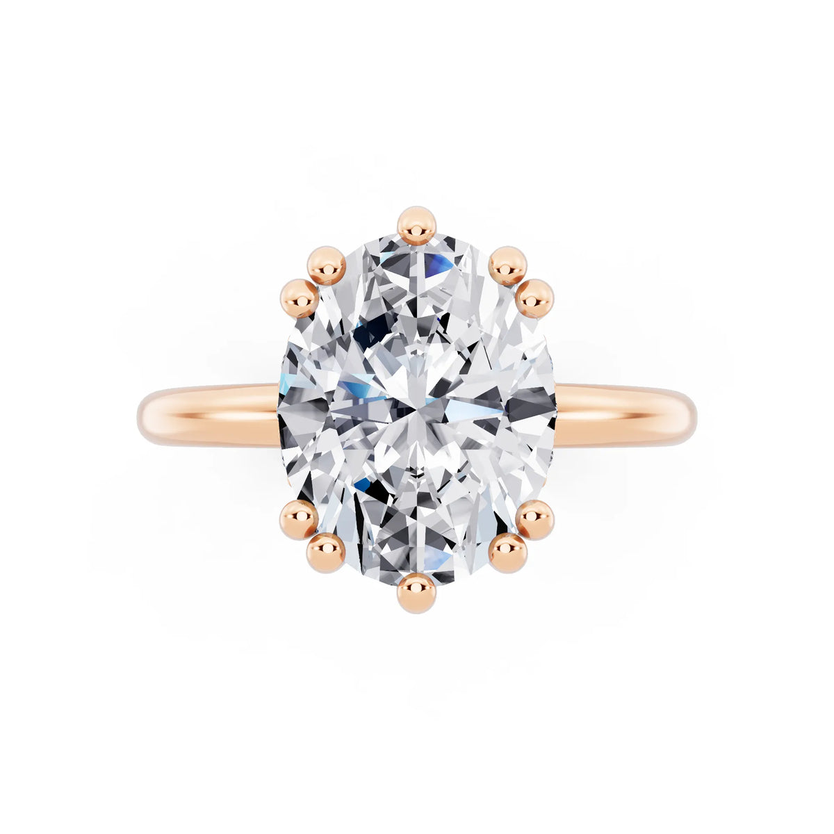 18 KT Rose Gold Oval Cut Diamond Solitaire Ring with Hidden Accent Basket - top angle