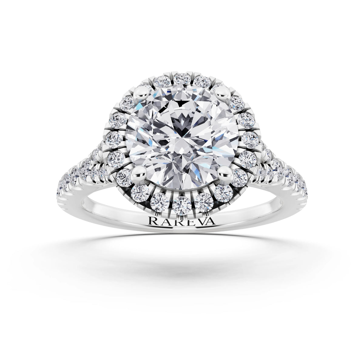 18 KT White Gold Round Cut Diamond Halo Ring with Split Shank - front view