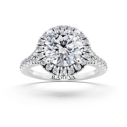 18 KT White Gold Round Cut Diamond Halo Ring with Split Shank - front view