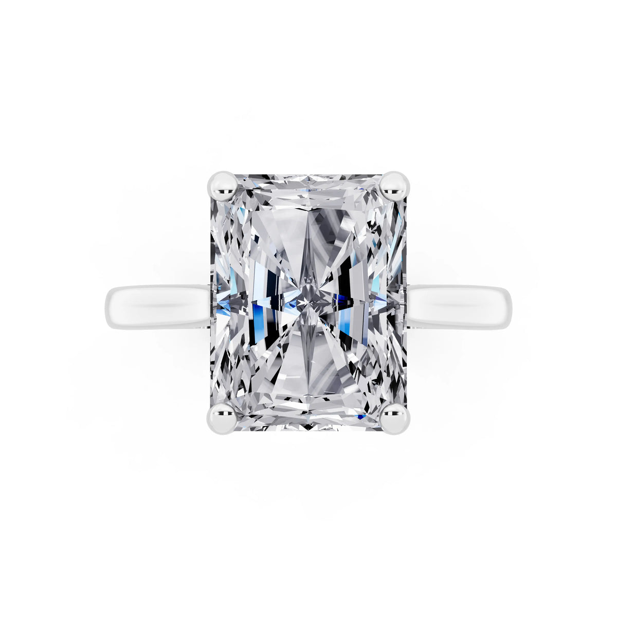 18 KT White Gold Radiant Cut Diamond Solitaire Ring with Cathedral Band - top angle
