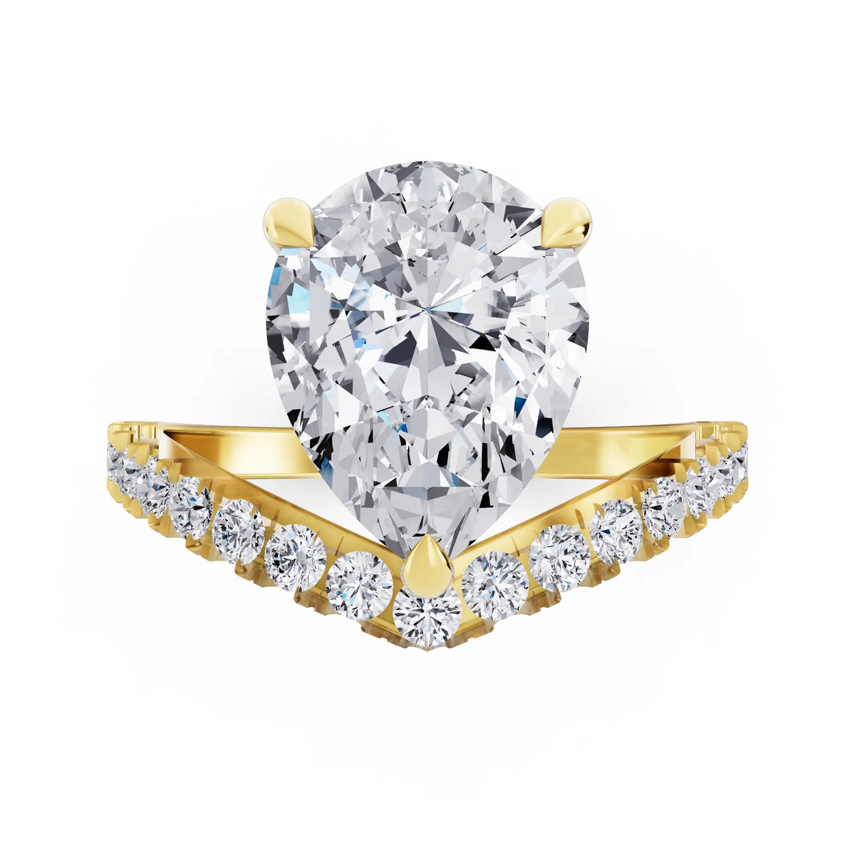 18 KT Yellow Gold Pear Cut Diamond Solitaire Ring with Pave Chevron Band - Top down