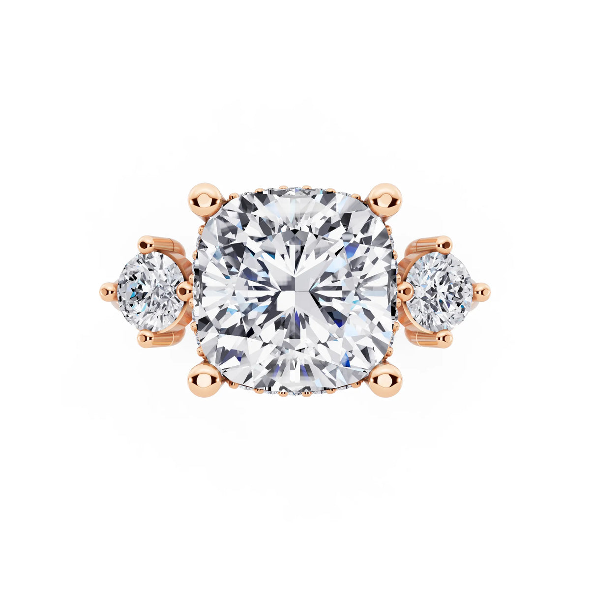 18 KT Rose Gold Cushion Cut Diamond Three Stone Engagement Ring with Hidden Halo - top angle