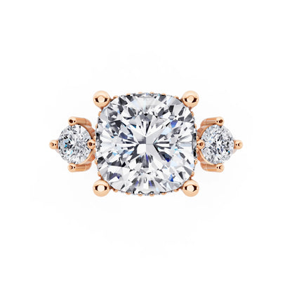18 KT Rose Gold Cushion Cut Diamond Three Stone Engagement Ring with Hidden Halo - top angle