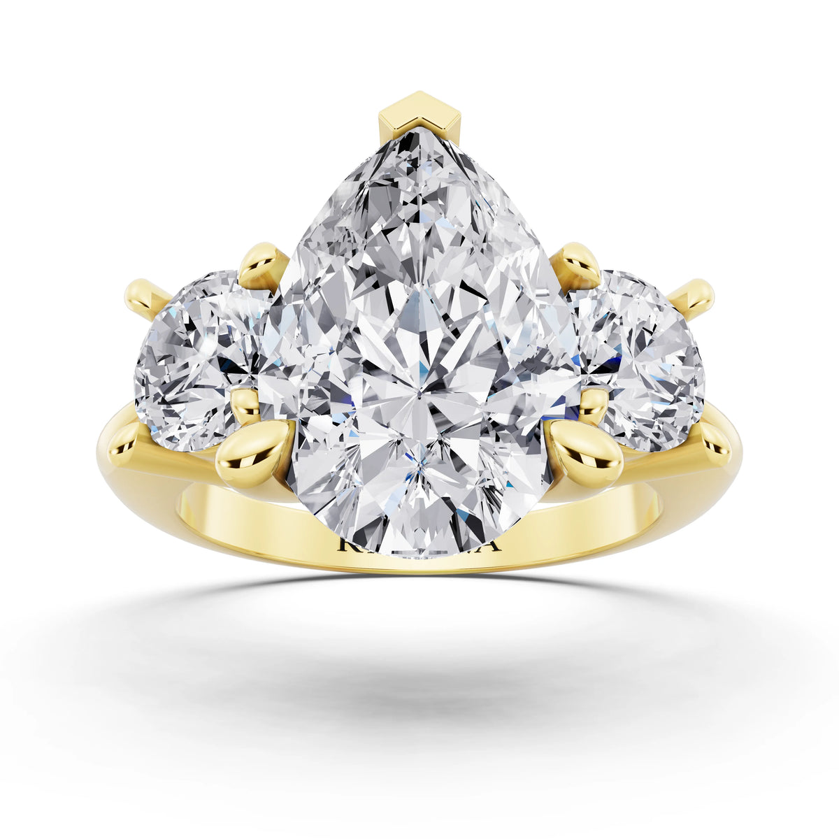 18 KT Yellow Gold Pear Cut Diamond Three Stone Ring with Round Accents - front view