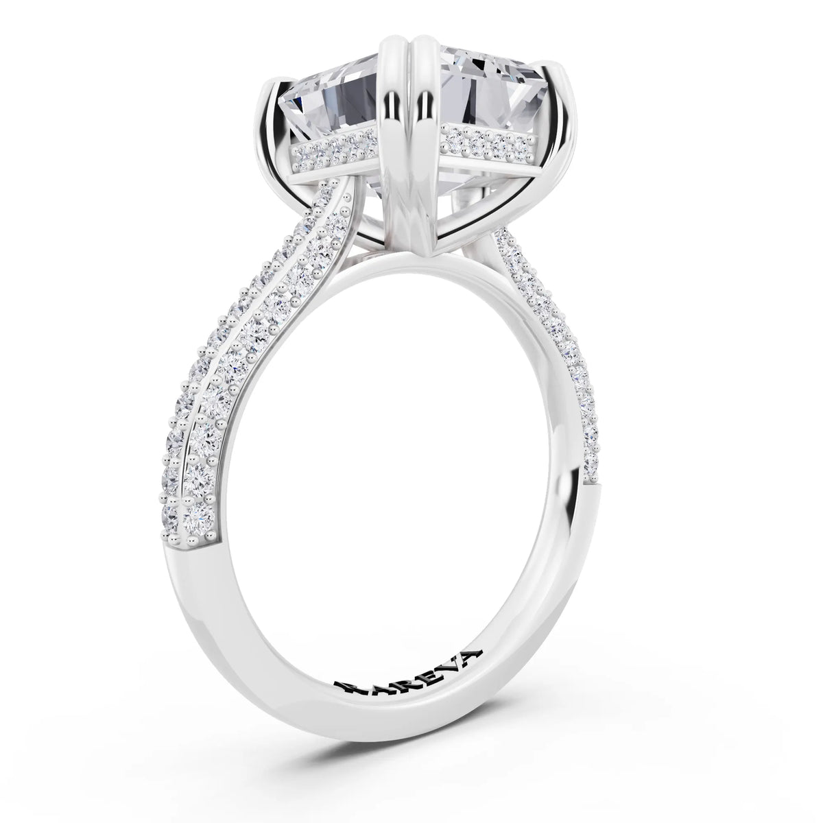 Platinum Emerald Cut Diamond Hidden Halo Double Claw Pave Band Ring - top view
