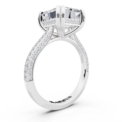 Platinum Emerald Cut Diamond Hidden Halo Double Claw Pave Band Ring - top view
