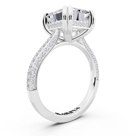 Platinum Emerald Cut Diamond Hidden Halo Double Claw Pave Band Ring - top view