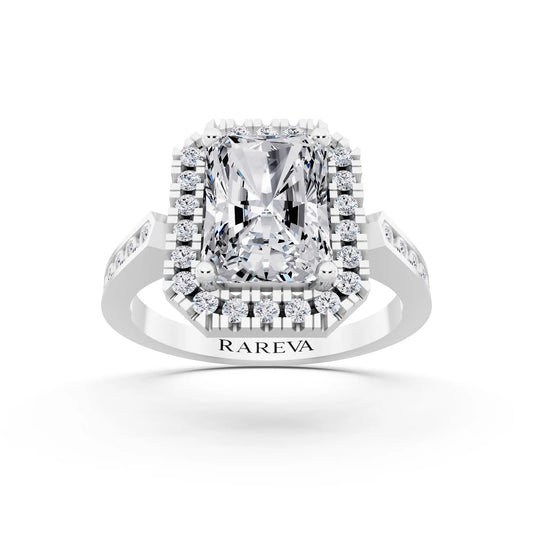 18 KT White Gold Radiant Cut Diamond Halo Ring with Bezel Accent Band - front view