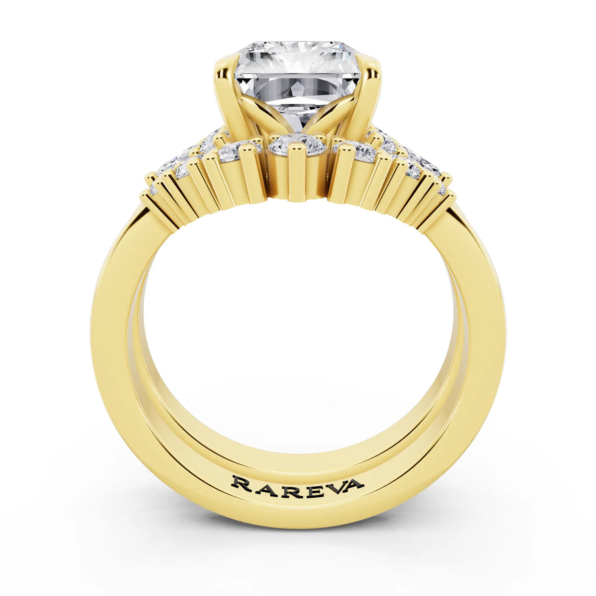 18 KT Yellow Gold Radiant Cut Diamond Ring with Curved Cluster Band - through finger