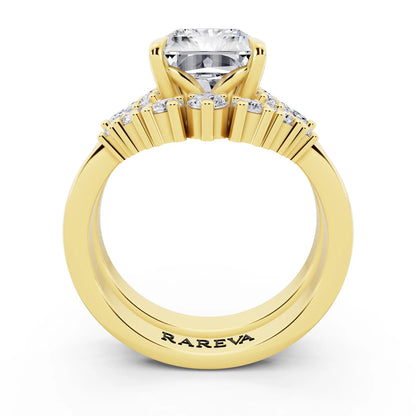 18 KT Yellow Gold Radiant Cut Diamond Ring with Curved Cluster Band - through finger