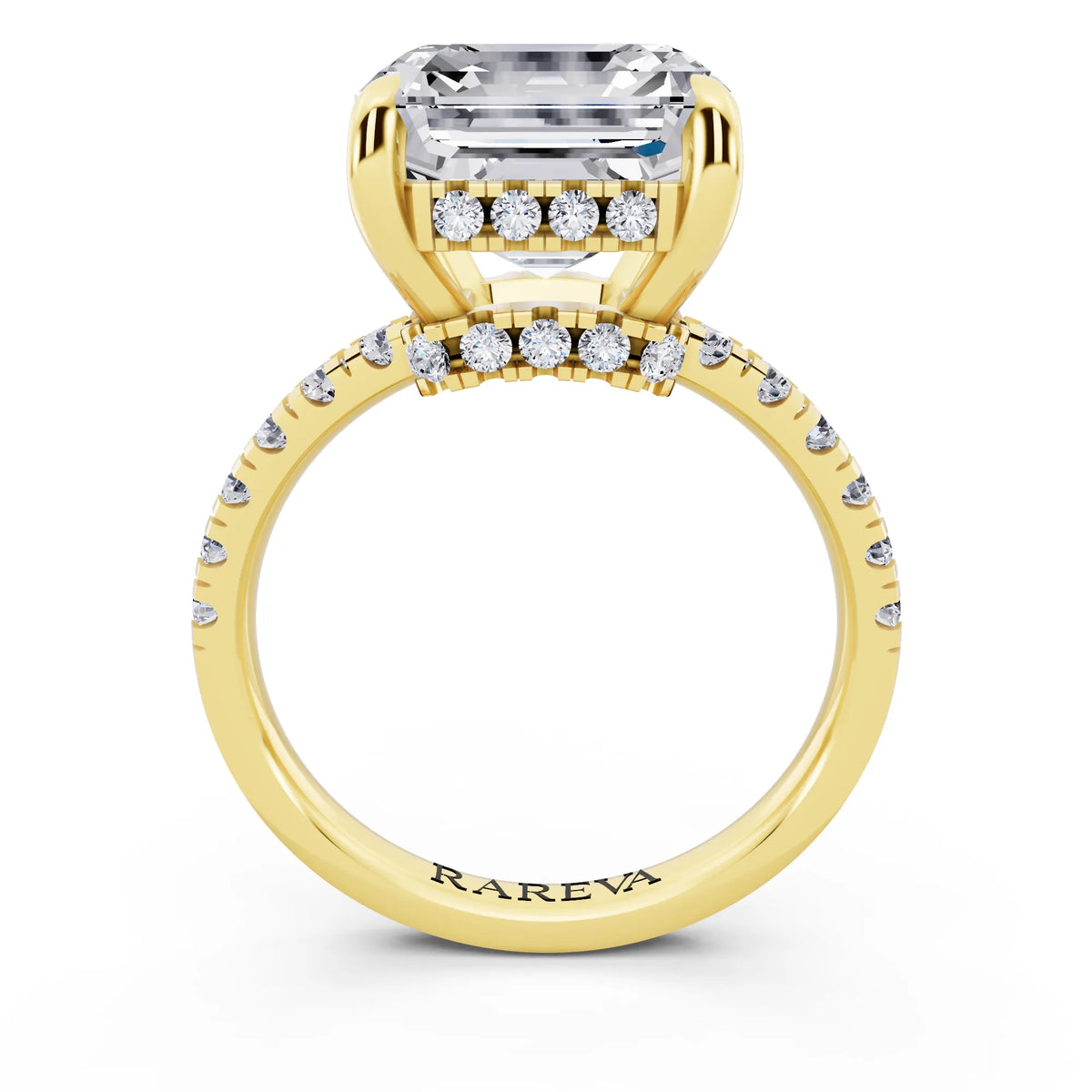 18 KT Yellow Gold Asscher Cut Diamond Hidden Halo Tiger Prong Pave Band Ring - through finger