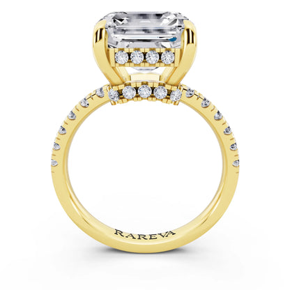 18 KT Yellow Gold Asscher Cut Diamond Hidden Halo Tiger Prong Pave Band Ring - through finger
