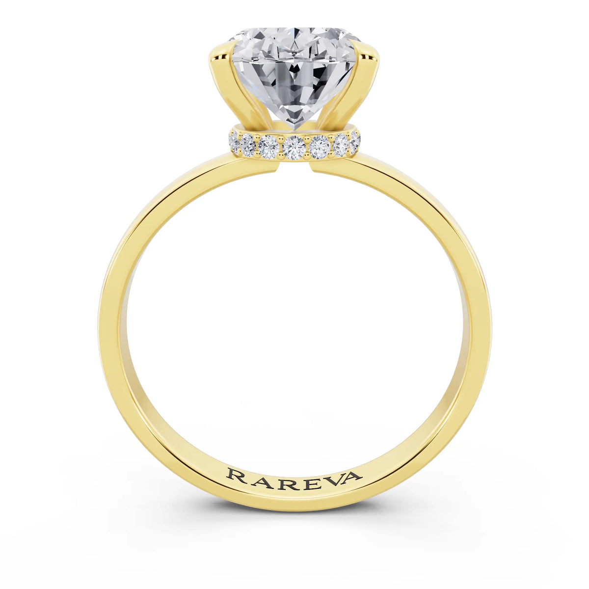 14 KT Yellow Gold Oval Cut Diamond Solitaire Ring with Pave Collar - through finger