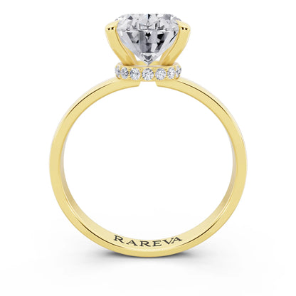 14 KT Yellow Gold Oval Cut Diamond Solitaire Ring with Pave Collar - through finger