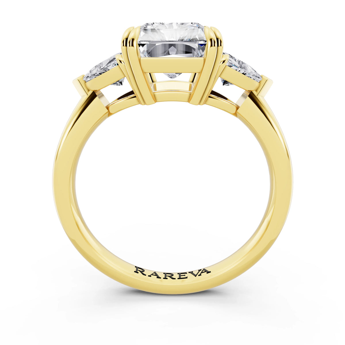 18 KT Yellow Gold Radiant Cut Diamond Three Stone Ring with Trillion Accents - through finger