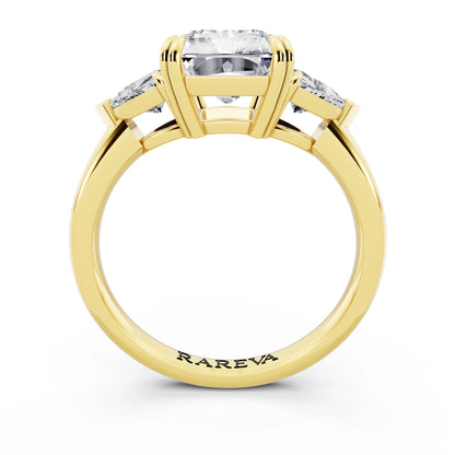 18 KT Yellow Gold Radiant Cut Diamond Three Stone Ring with Trillion Accents - through finger