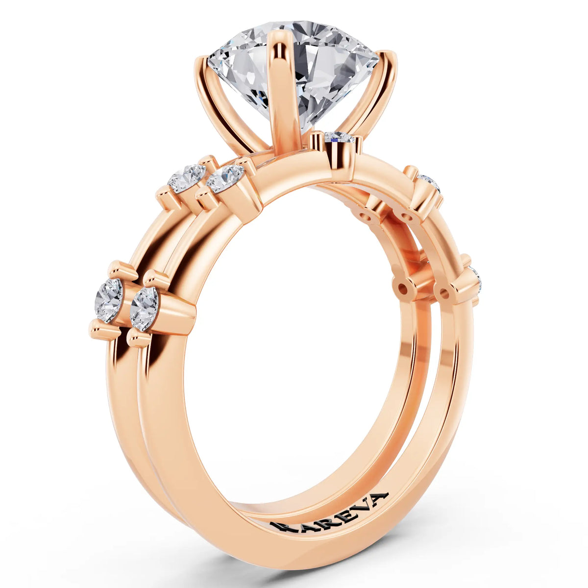 18 KT Rose Gold Round Cut Diamond Ring with Floating Accent Band - top view