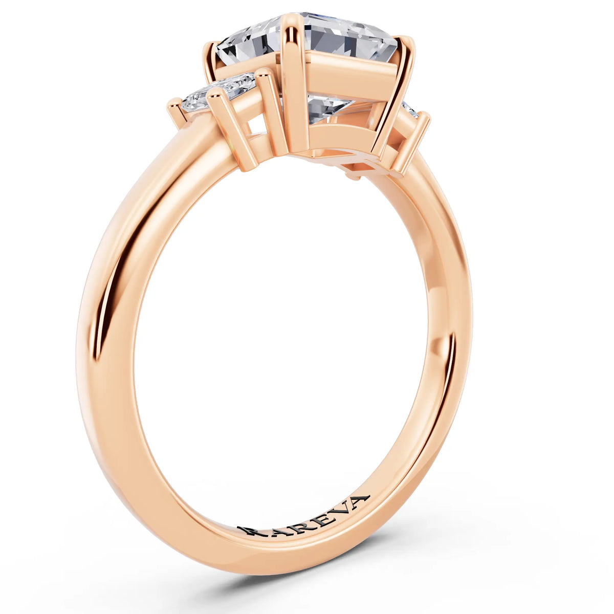 14 KT Rose Gold Asscher Cut Diamond Three Stone Emerald Accent Ring - top view