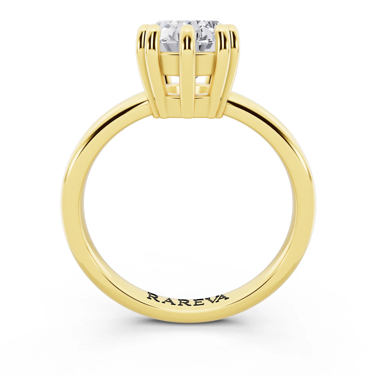 18 KT Yellow Gold Oval Cut Diamond Solitaire Ring with Hidden Accent Basket - through finger