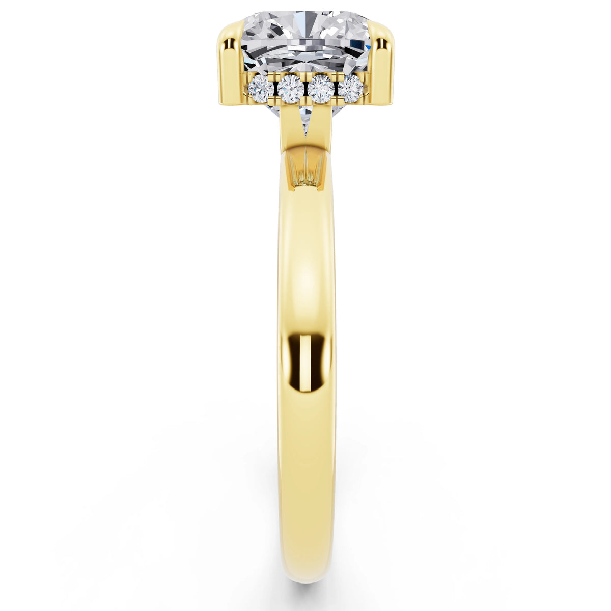 14 KT Yellow Gold Cushion Cut Diamond Solitaire Ring with Hidden Halo - side view