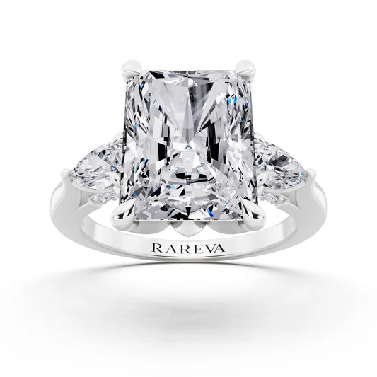 18 KT White Gold Radiant Cut Diamond Cluster Engagement Ring with Pear Accents and Pavé Band - front view