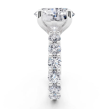 18 KT White Gold Oval Cut Diamond Ring with Shared Prong Eternity Band - side view