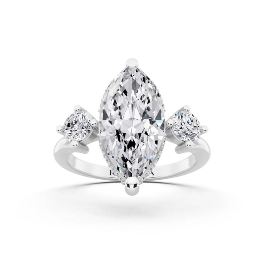 14 KT White Gold Marquise Cut Diamond Three Stone Engagement Ring with Hidden Halo - front view