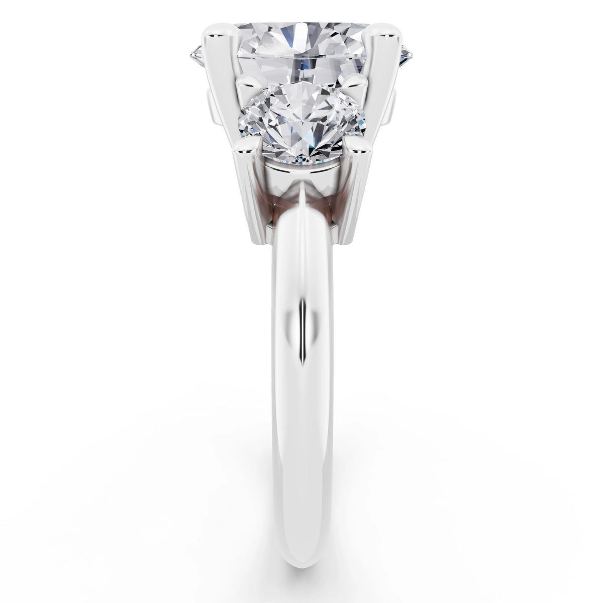 18 KT White Gold Oval Cut Diamond Three Stone Ring with Round Accents - side view