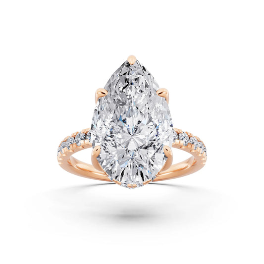 14 KT Rose Gold Pear Cut Diamond Hidden Halo Tiger Prong Pave Band Ring - front view
