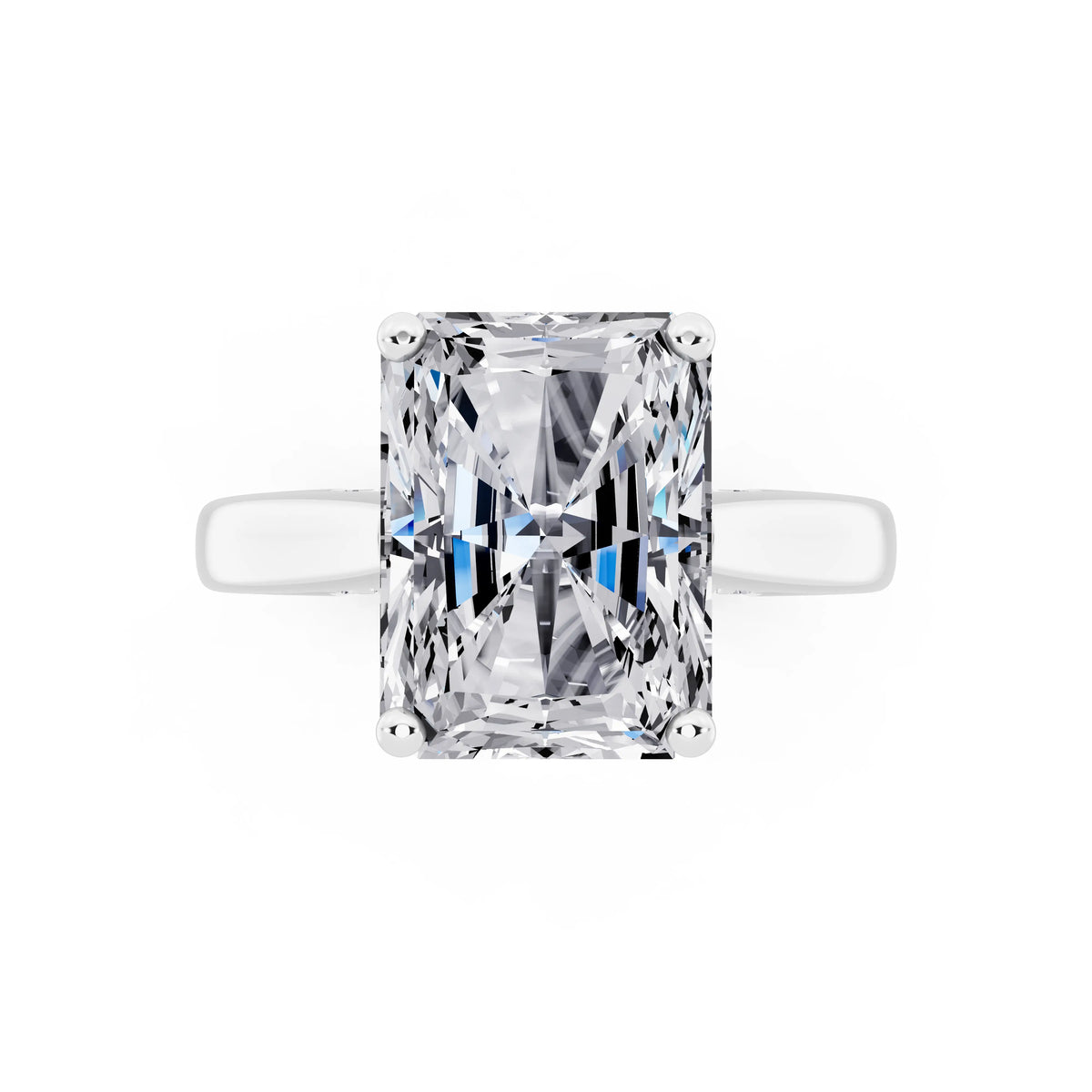 18 KT White Gold Radiant Cut Diamond Solitaire Ring with Hidden Accent - top angle