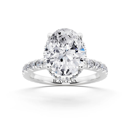 18 KT White Gold Oval Cut Diamond Hidden Halo Ring with Pave Band - front view