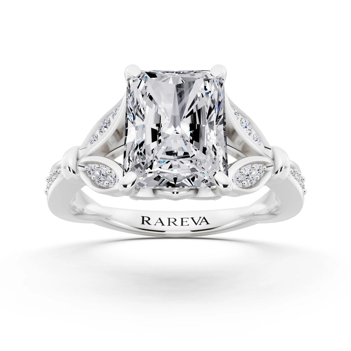 14 KT White Gold Radiant Cut Diamond Ring with Lotus Collar - front view