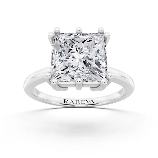 18 KT White Gold Princess Cut Diamond Solitaire Ring with Hidden Accent Basket - front view