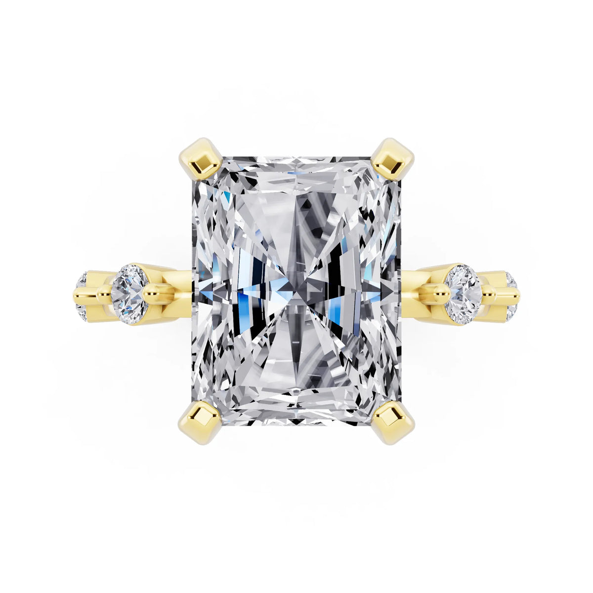 18 KT Yellow Gold Radiant Cut Diamond Solitaire Ring with Floating Diamond Accents - top angle