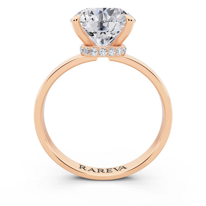 18 KT Rose Gold Round Cut Diamond Solitaire Ring with Pave Collar - through finger