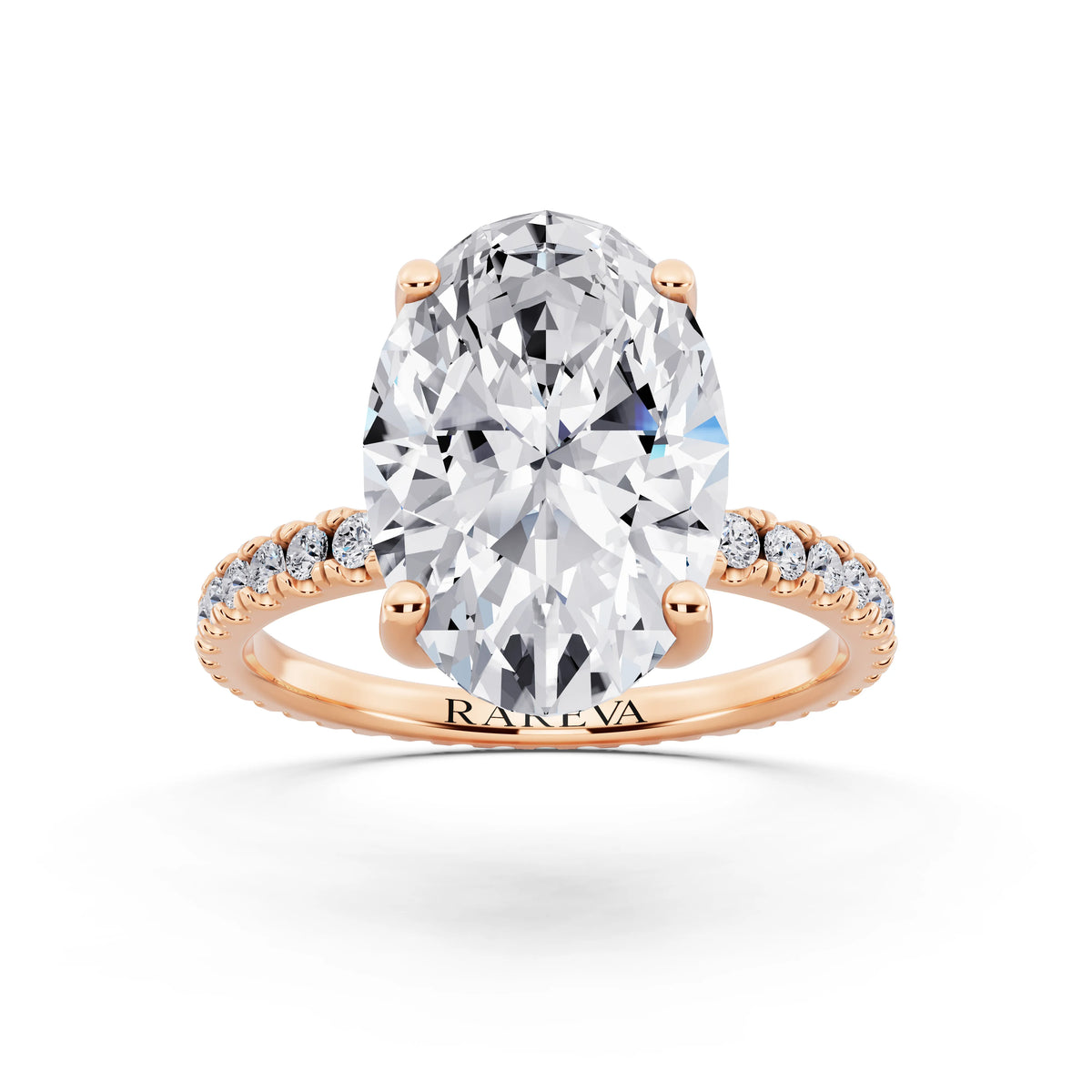 18 KT Rose Gold Oval Cut Diamond Solitaire Ring with Pave Eternity Band - front view
