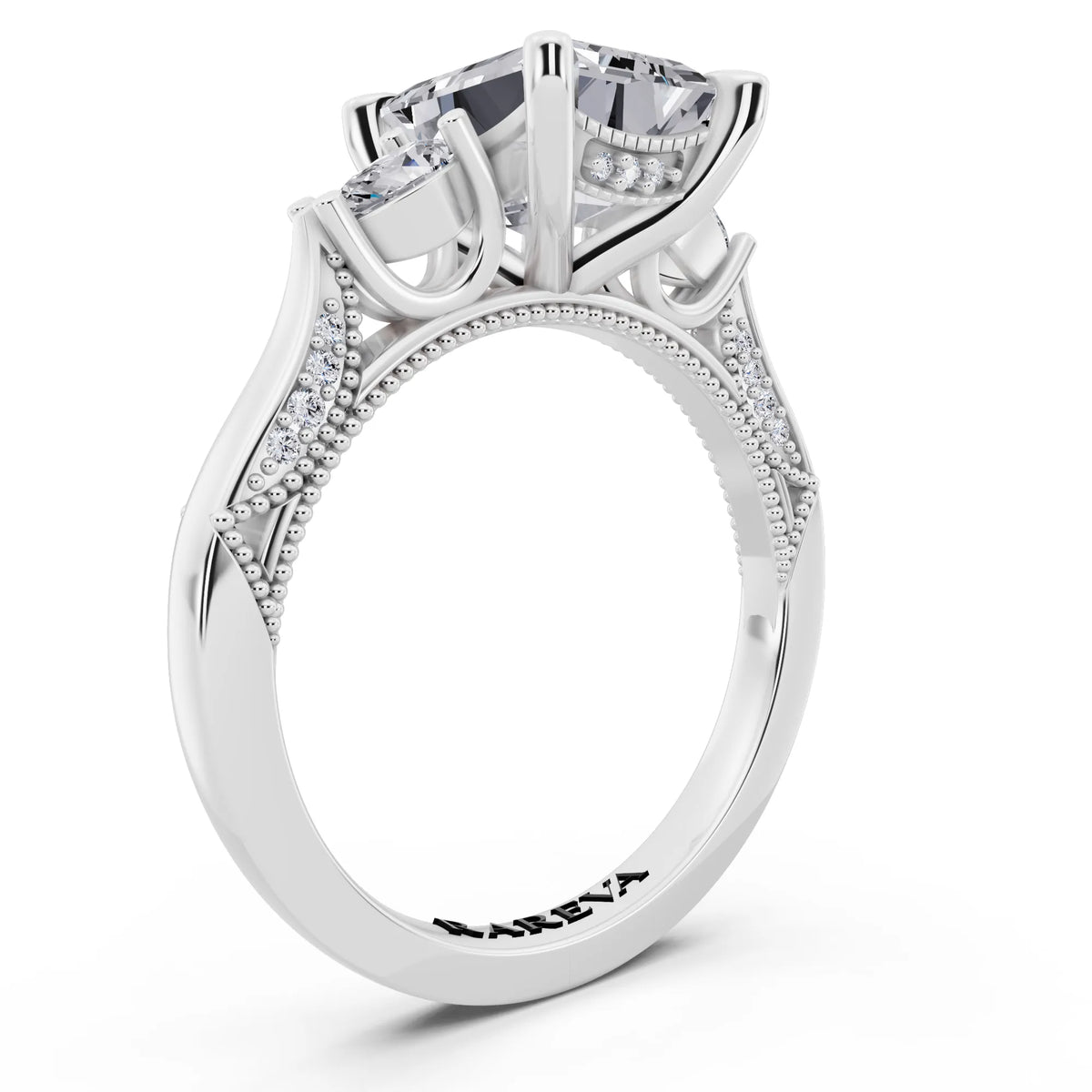 Platinum Emerald Cut Diamond Three Stone Pear Accent Vintage Pave Ring - top view