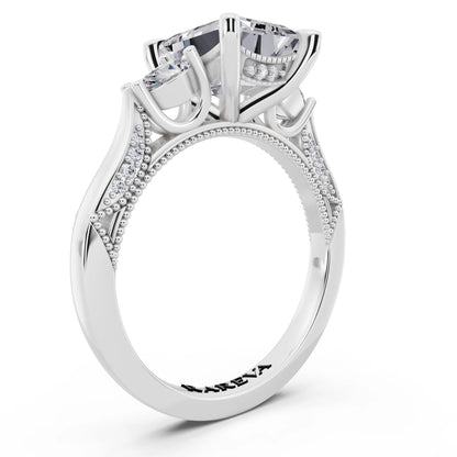 Platinum Emerald Cut Diamond Three Stone Pear Accent Vintage Pave Ring - top view