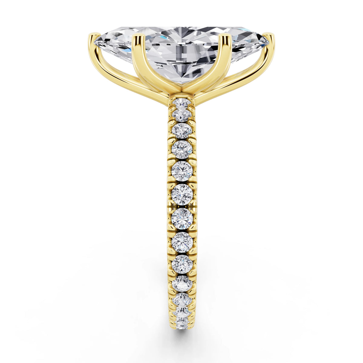 18 KT Yellow Gold Marquise Cut Diamond Solitaire Ring with Pave Eternity Band - side view