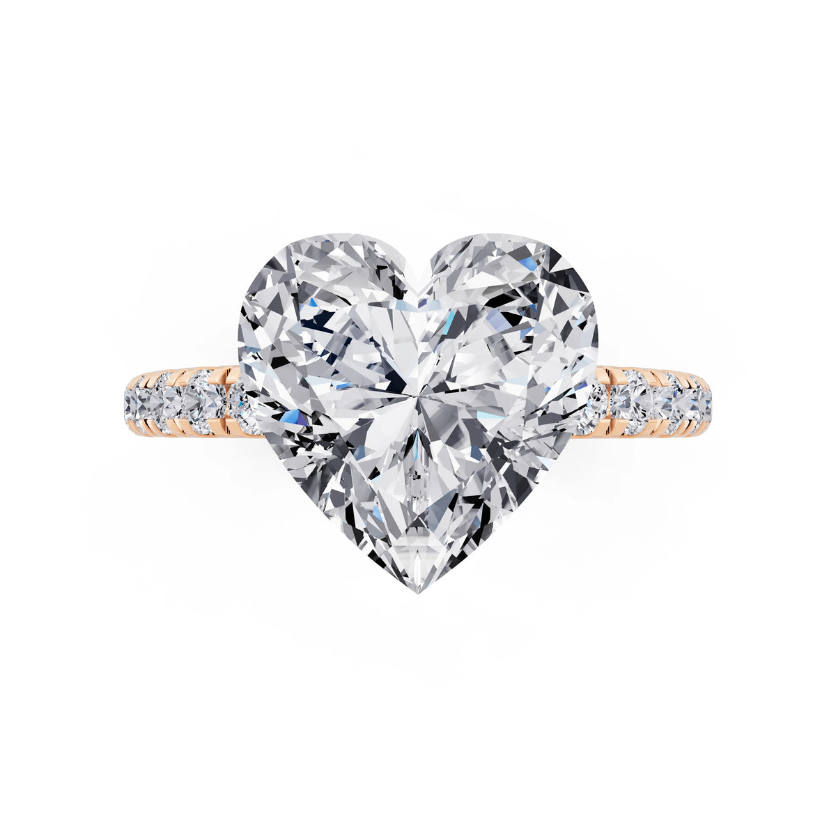14 KT Rose Gold Heart Cut Diamond Solitaire Ring with Hidden Halo and French Pave Band - top angle