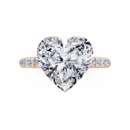 14 KT Rose Gold Heart Cut Diamond Solitaire Ring with Hidden Halo and French Pave Band - top angle