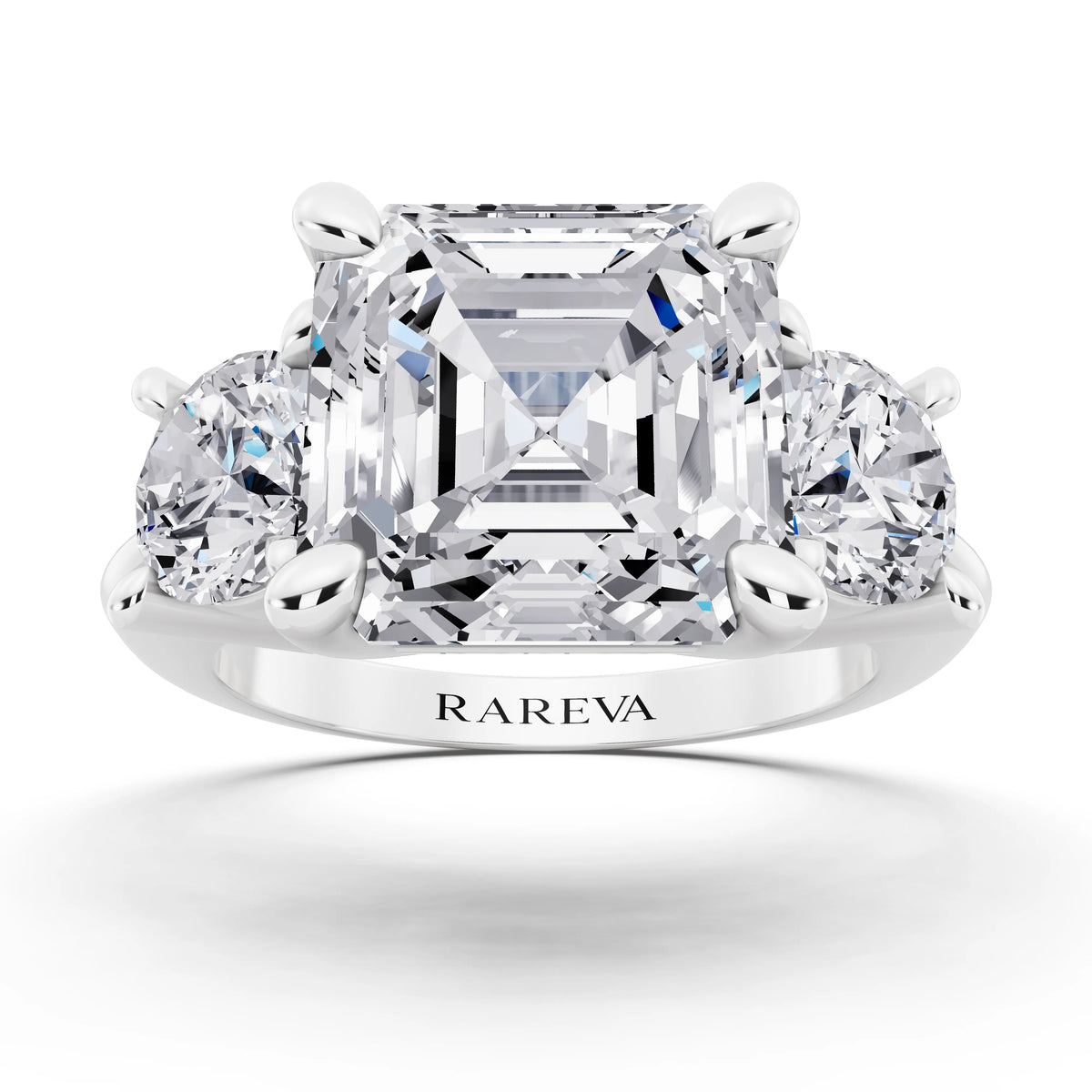 14 KT White Gold Asscher Cut Diamond Three Stone Ring with Round Accents - front view