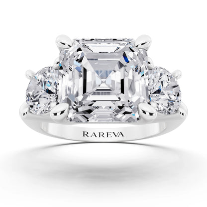 14 KT White Gold Asscher Cut Diamond Three Stone Ring with Round Accents - front view
