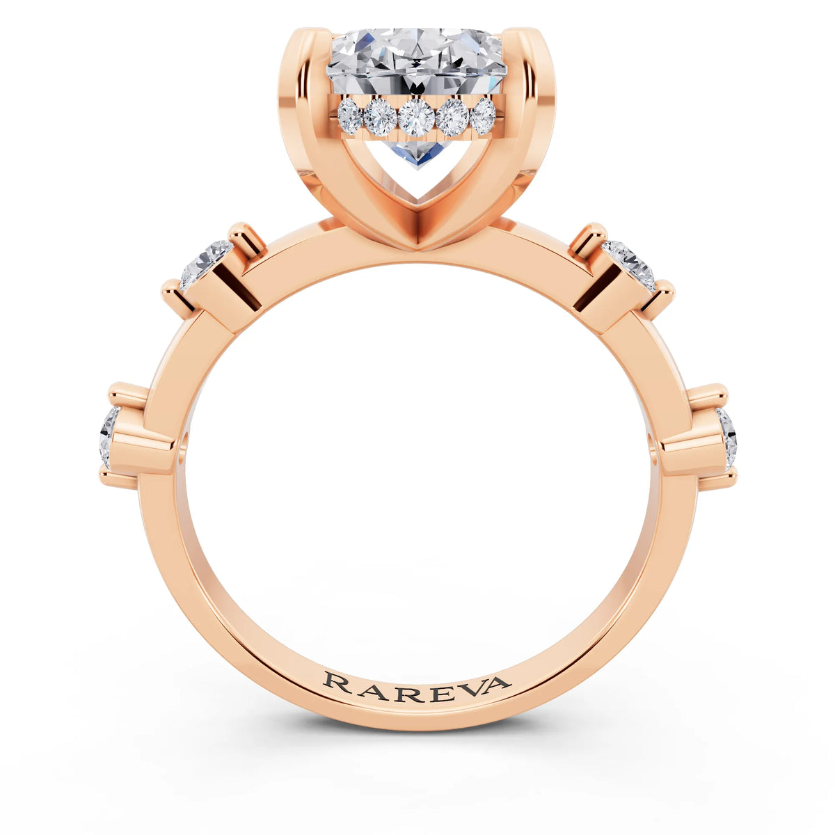18 KT Rose Gold Oval Cut Diamond Solitaire Ring with Floating Diamond Accents - through finger
