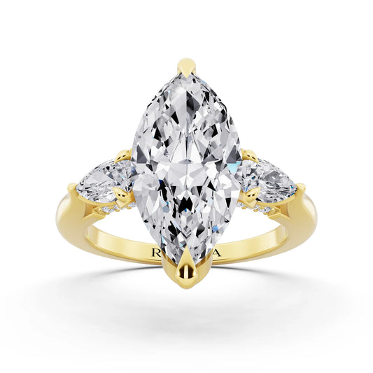 18 KT Yellow Gold Marquise Cut Diamond Cluster Engagement Ring with Pear Accents and Pavé Band - front view